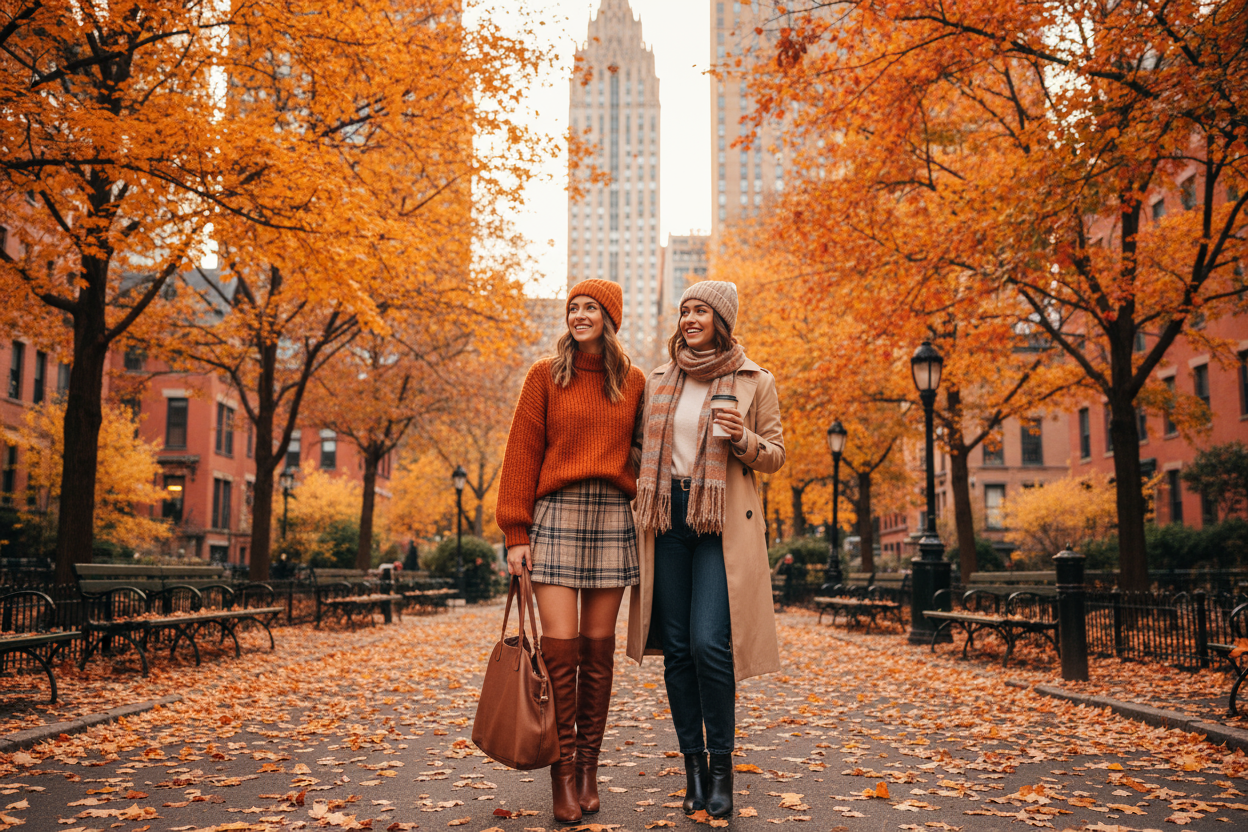 2 new york girls at autumn background