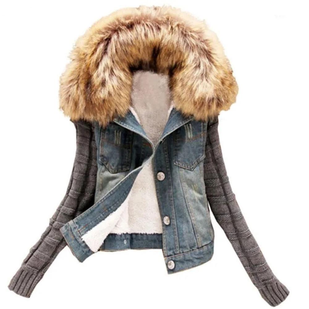 Denim Jeans Plush Fleece Short Slim Elegant Fur Collar Jacket - Easy Pickins Store