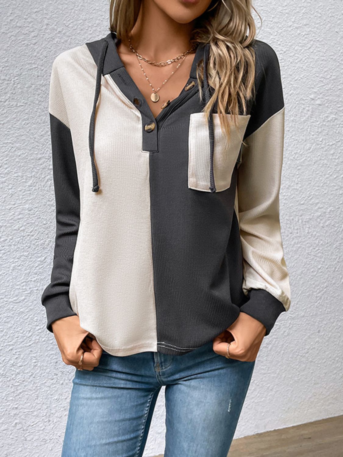 Contrast Color Button-Up Raglan Sleeve Hoodie | Easy Pickins