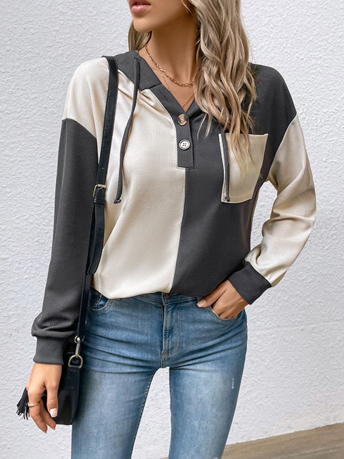 Contrast Color Button-Up Raglan Sleeve Hoodie | Easy Pickins