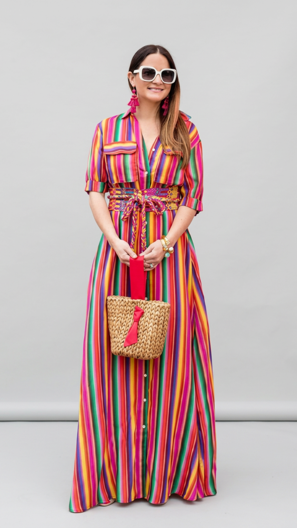 Dress Long Sleeve Striped Multicolor Loose Button