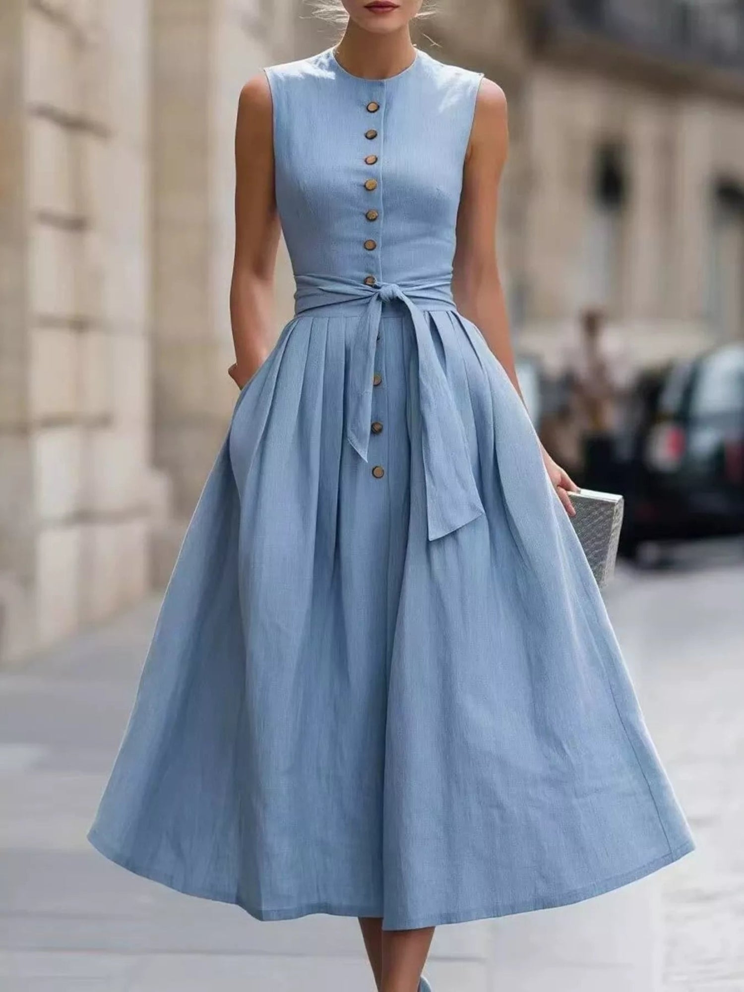 midi formal dresses plus size Belted Dress - Sleeveless Button-Front black tie dresses