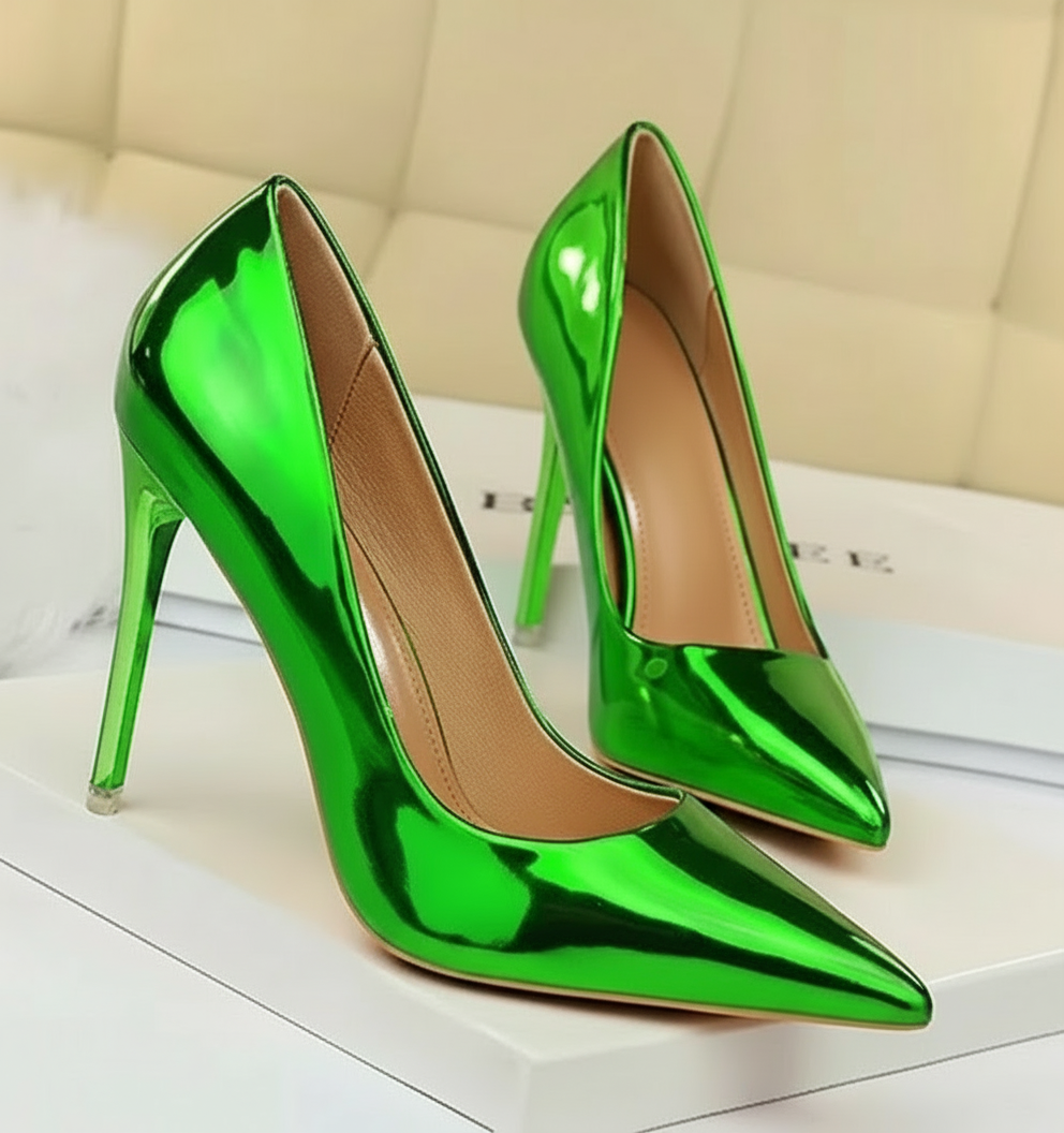 Shiny green high-heeled shoes
