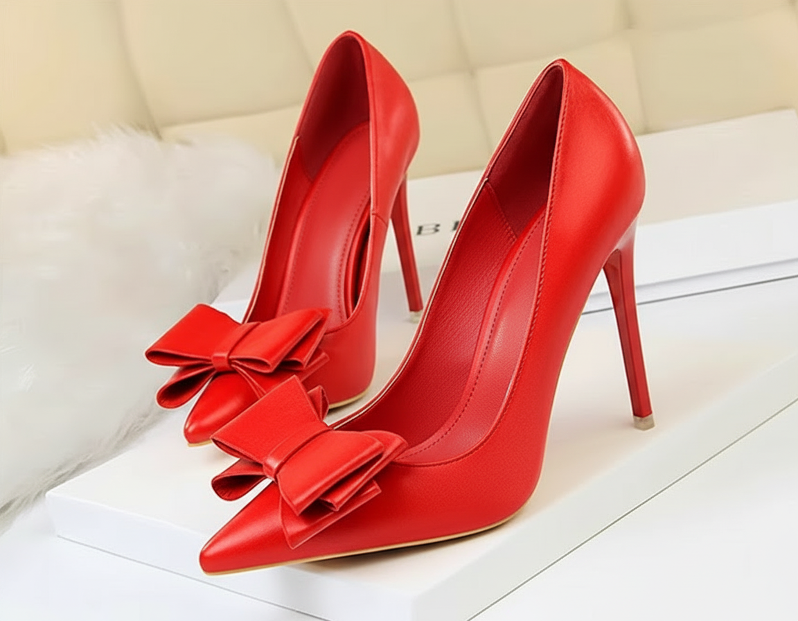 Leather Bow High Heels Pumps - Easy Pickins Store
