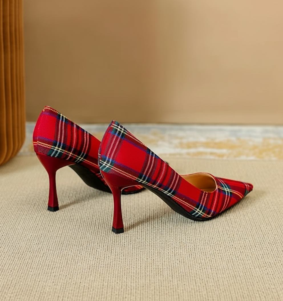 Pointed Plaid Shallow High Thin Heels Pumps - Easy Pickins