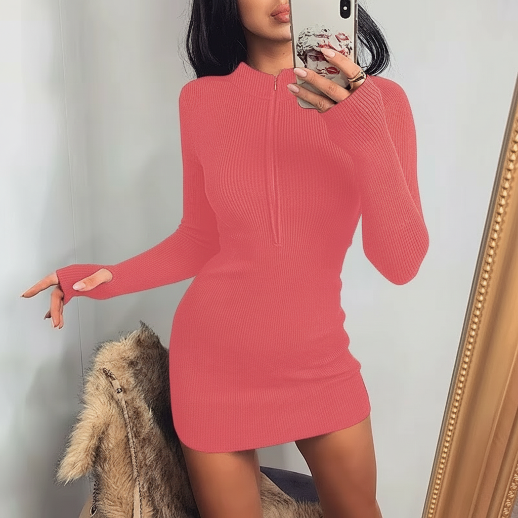 Ribbed Stand Collar Zipper Deep V neck Stretch Pencil Mini Vestido Dress - Easy Pickins Store