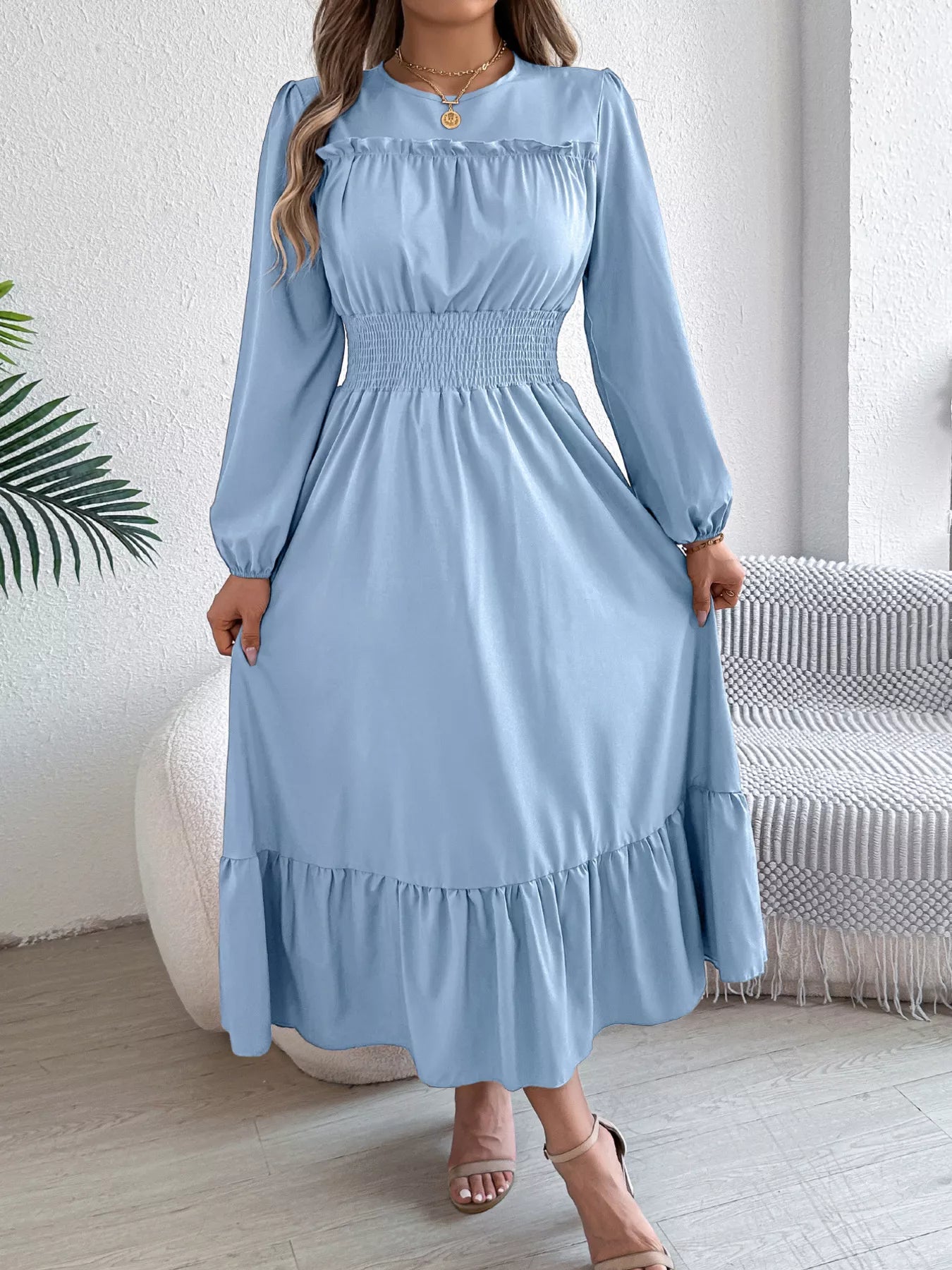 Round Neck Balloon Sleeve Tiered Dress | Easy Pickins