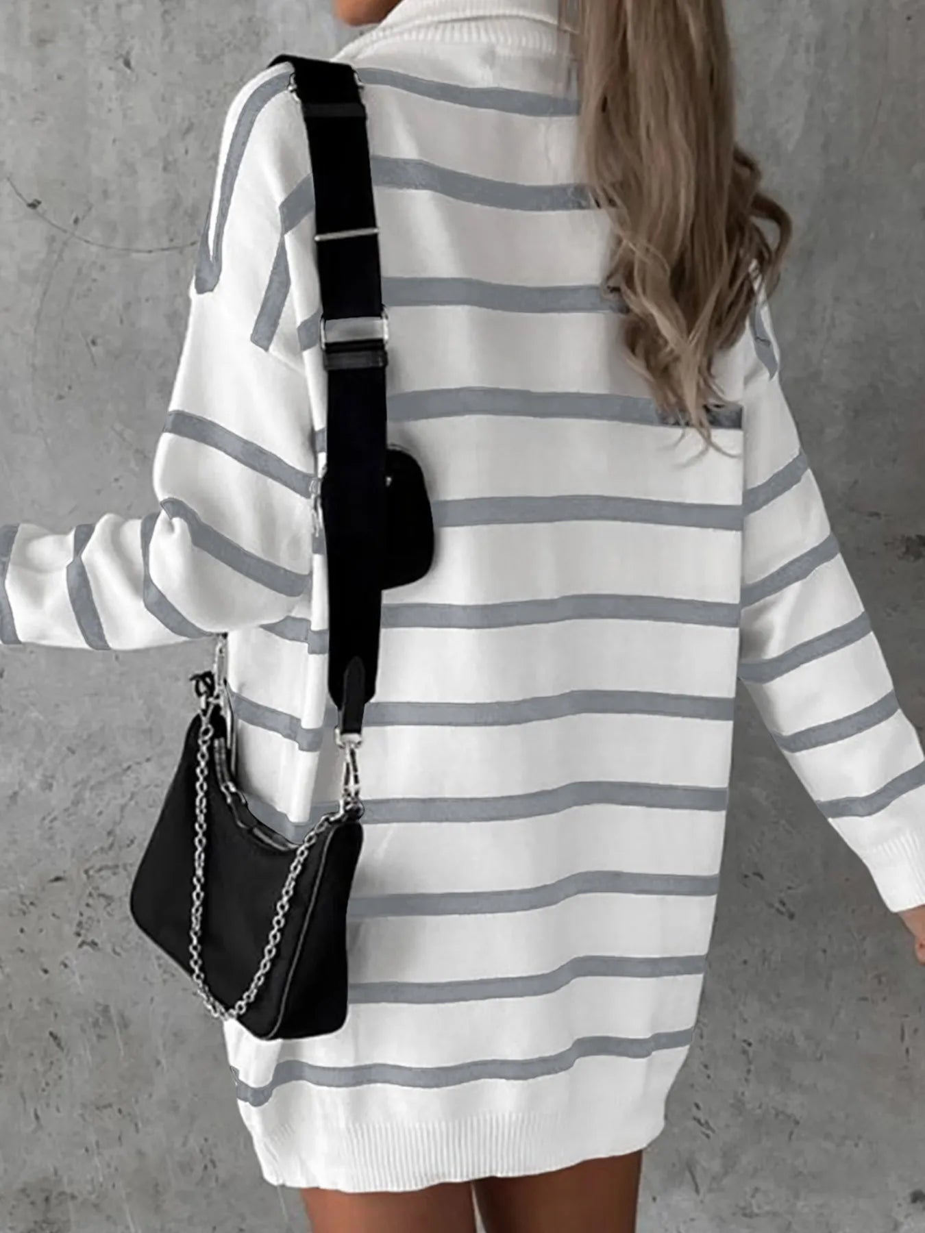 Striped O-ring Zip Collared Loose Sweater Mini Dress | Easy Pickins