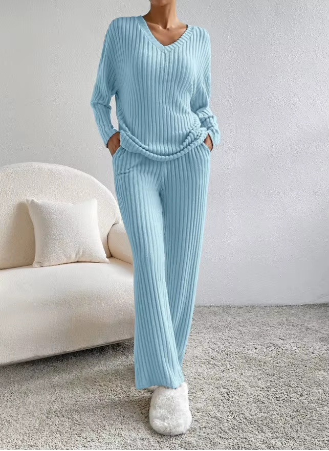 Ribbed V-Neck Top and Pants Lounge Set