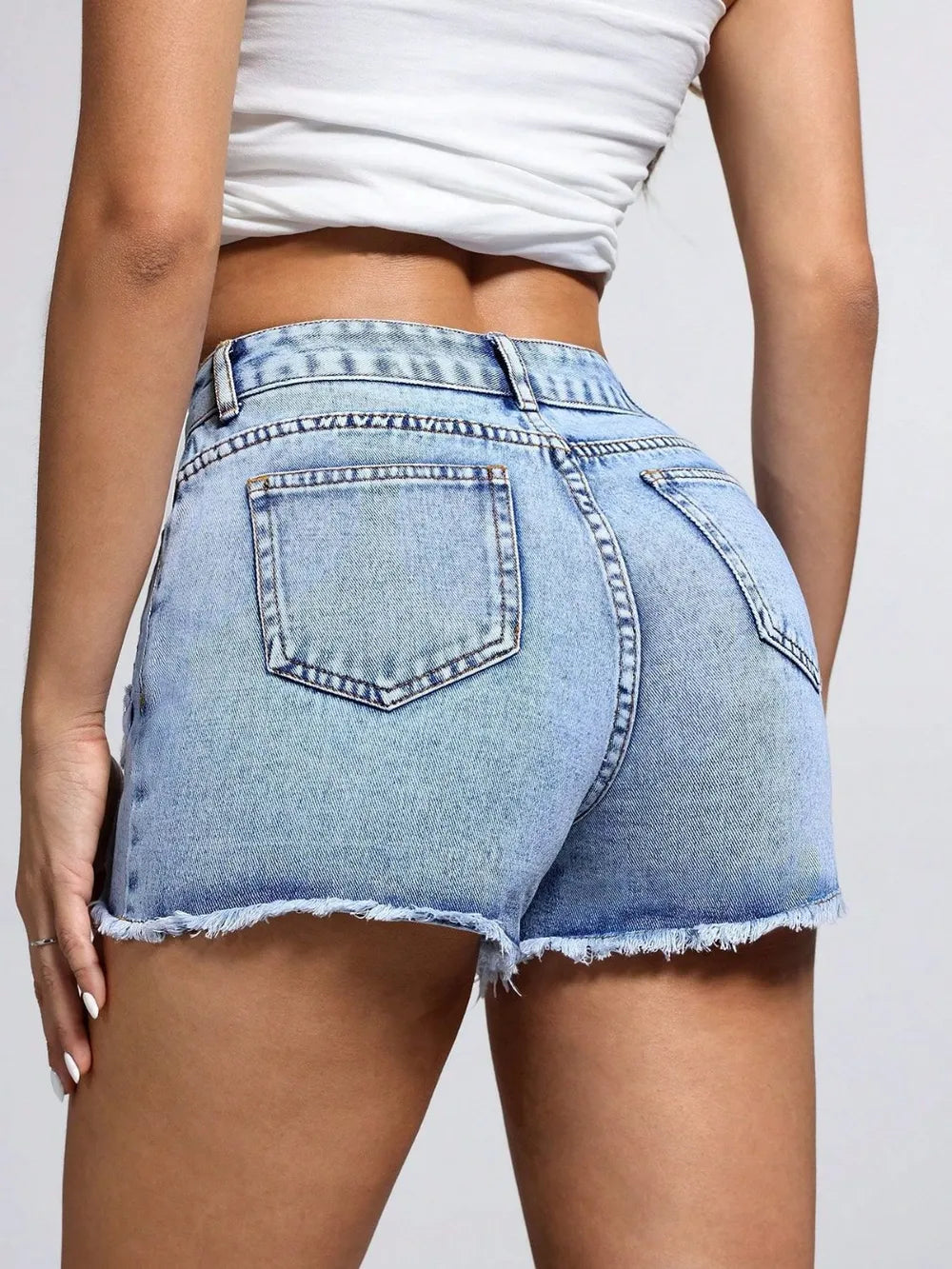 Star Raw Hem Buttoned Denim Shorts - Easy Pickins