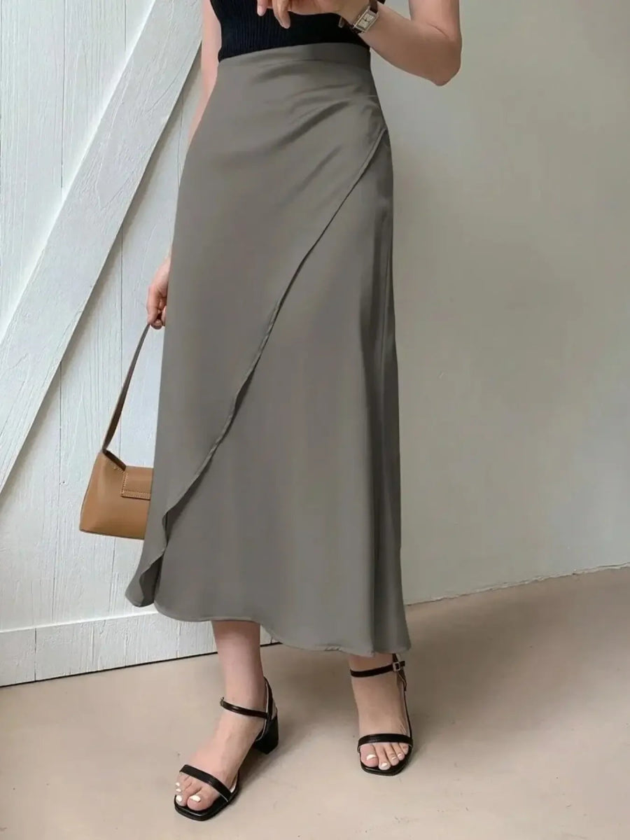 Asymmetric Wrap Midi Skirt with Fluted Hem - Easy Pickins Store