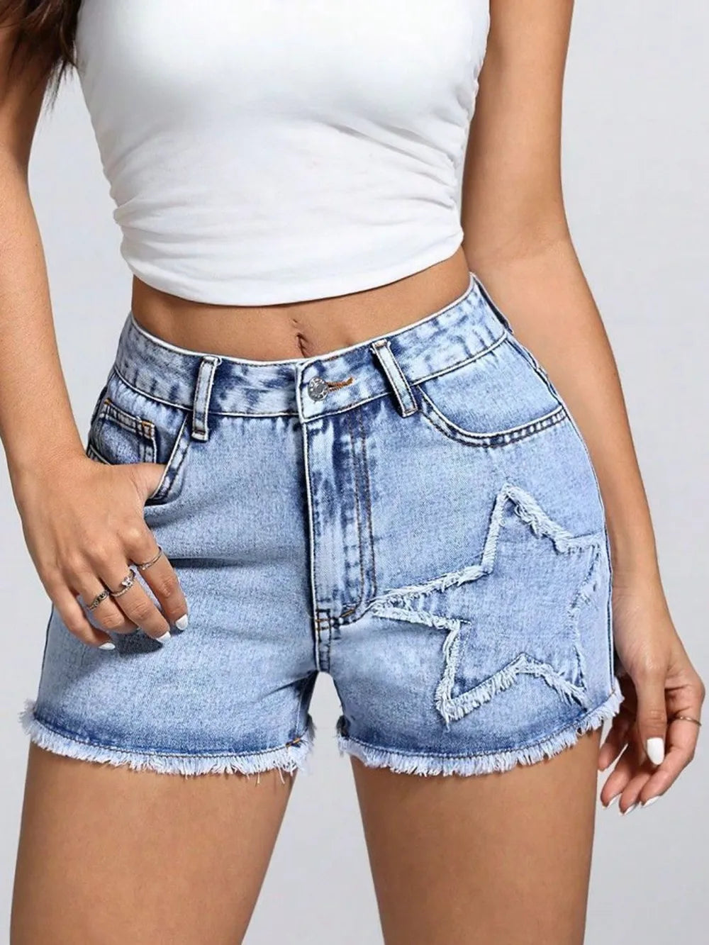 Star Raw Hem Buttoned Denim Shorts - Easy Pickins