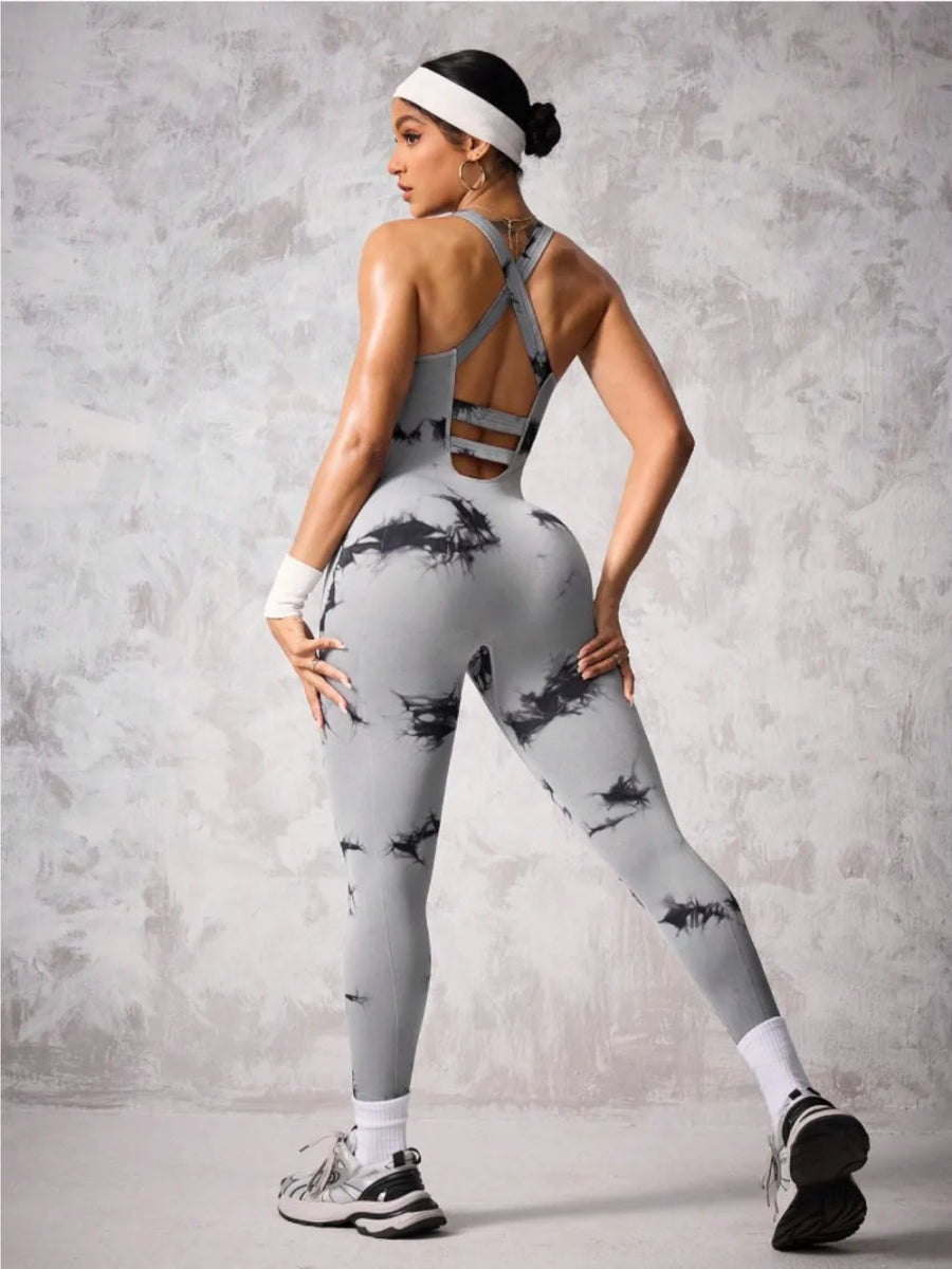 Back Crisscross Tie - Dye Scoop Neck Active Jumpsuit - Easy Pickins Store