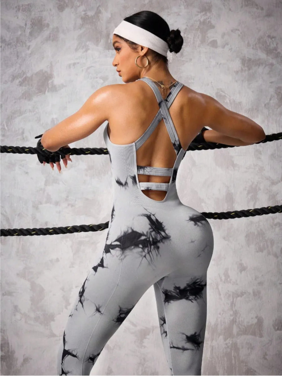 Back Crisscross Tie - Dye Scoop Neck Active Jumpsuit - Easy Pickins Store