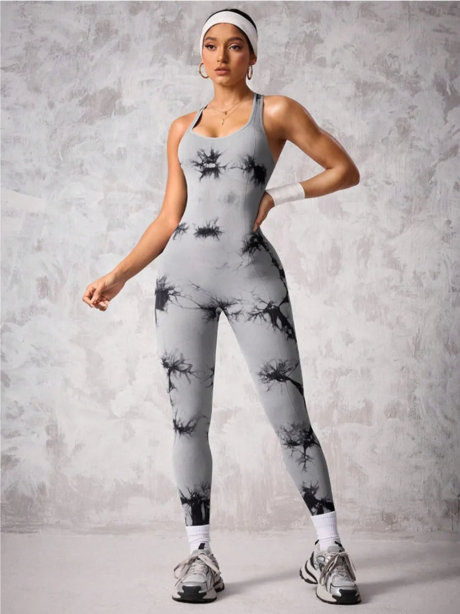 Back Crisscross Tie - Dye Scoop Neck Active Jumpsuit - Easy Pickins Store