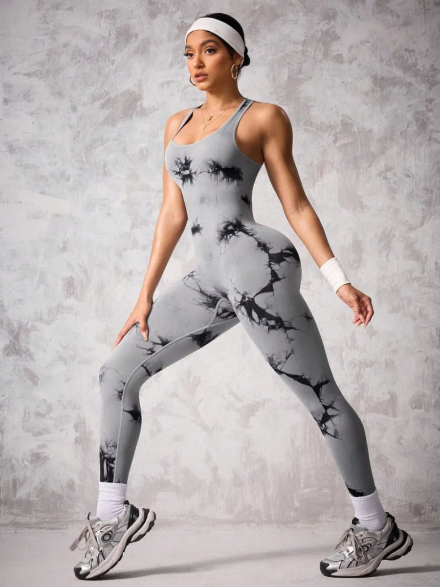Back Crisscross Tie - Dye Scoop Neck Active Jumpsuit - Easy Pickins Store
