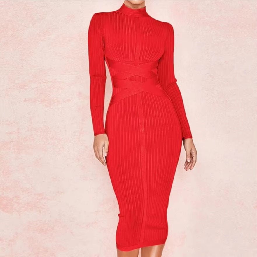 Bandage Bodycon Cut Out High Neck Long Sleeve Rayon Dress - Easy Pickins Store