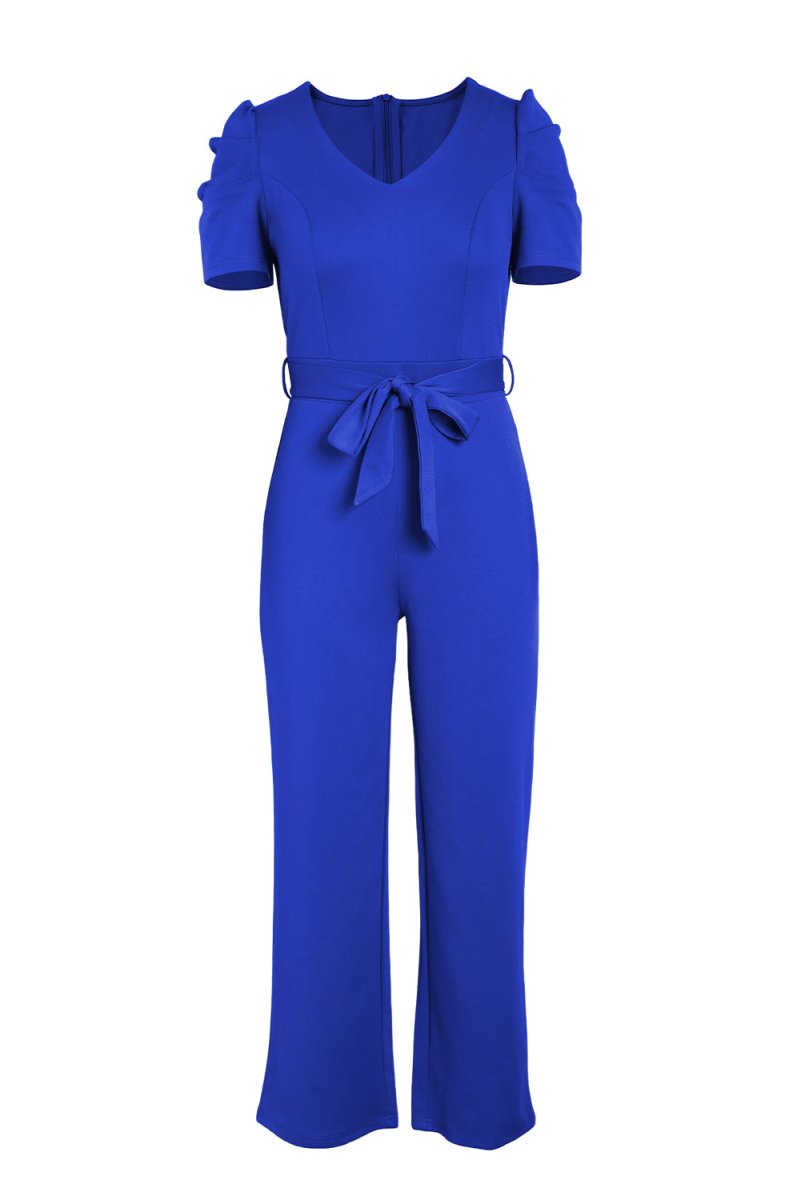 Belted Puff Sleeve V - Neck Jumpsuit - Easy Pickins Store