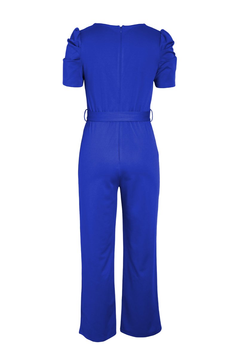 Belted Puff Sleeve V - Neck Jumpsuit - Easy Pickins Store