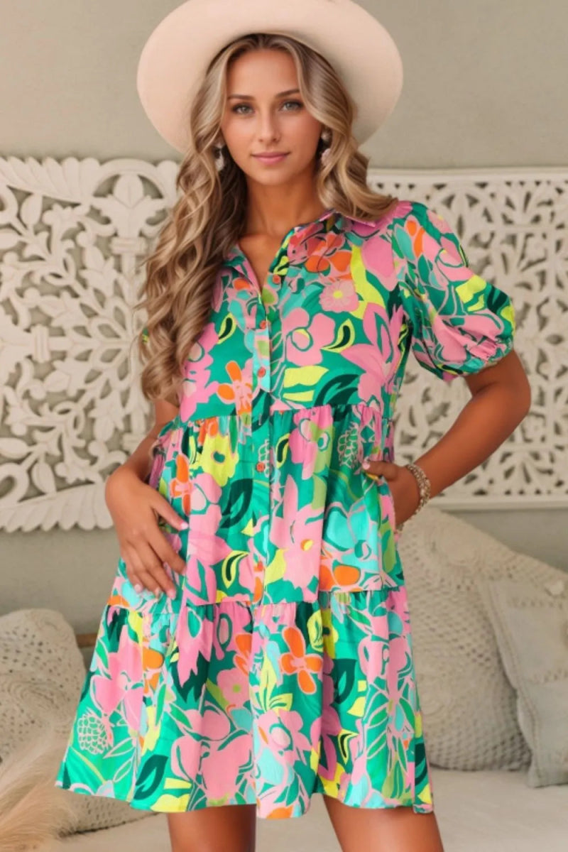 Button Down Floral Puff Sleeve Babydoll Dress - Easy Pickins Store