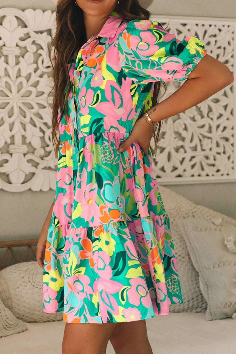Button Down Floral Puff Sleeve Babydoll Dress - Easy Pickins Store