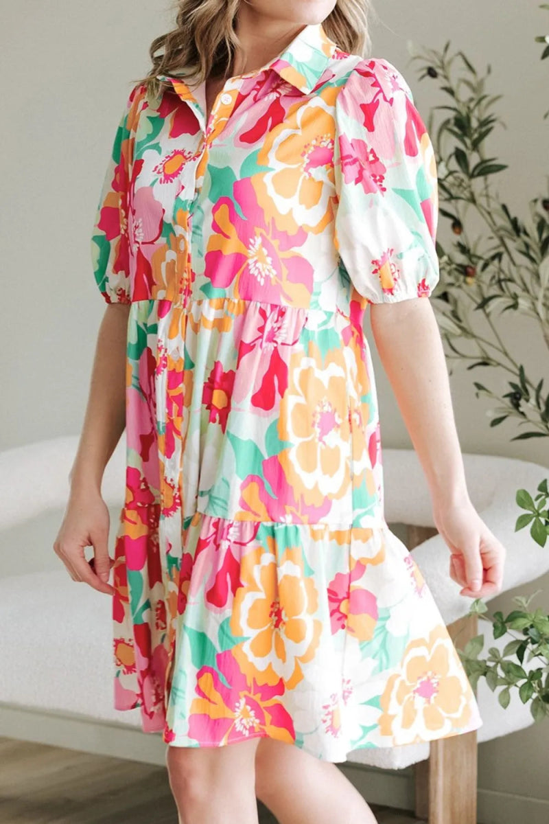Button Down Floral Puff Sleeve Babydoll Dress - Easy Pickins Store