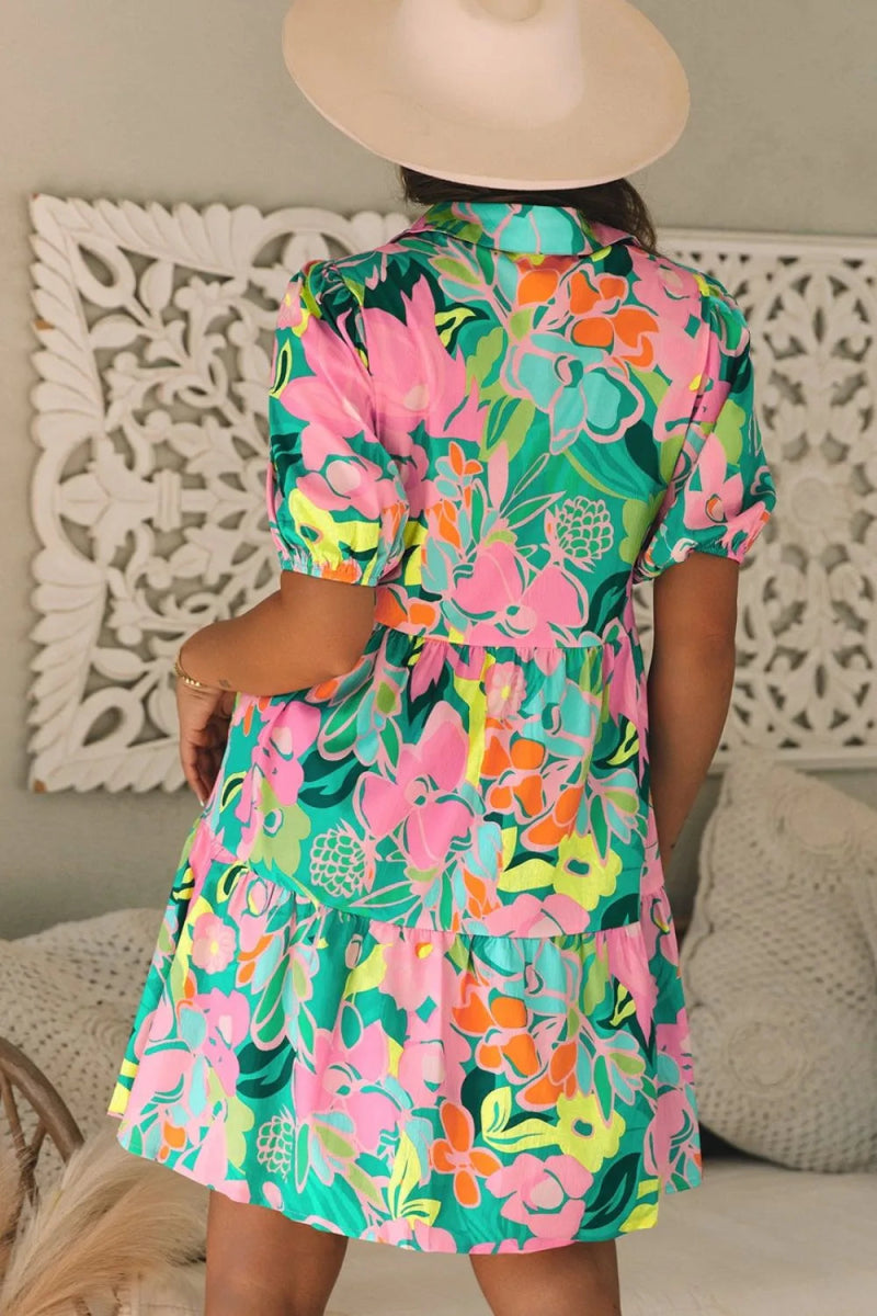 Button Down Floral Puff Sleeve Babydoll Dress - Easy Pickins Store