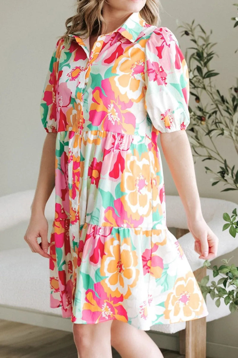 Button Down Floral Puff Sleeve Babydoll Dress - Easy Pickins Store