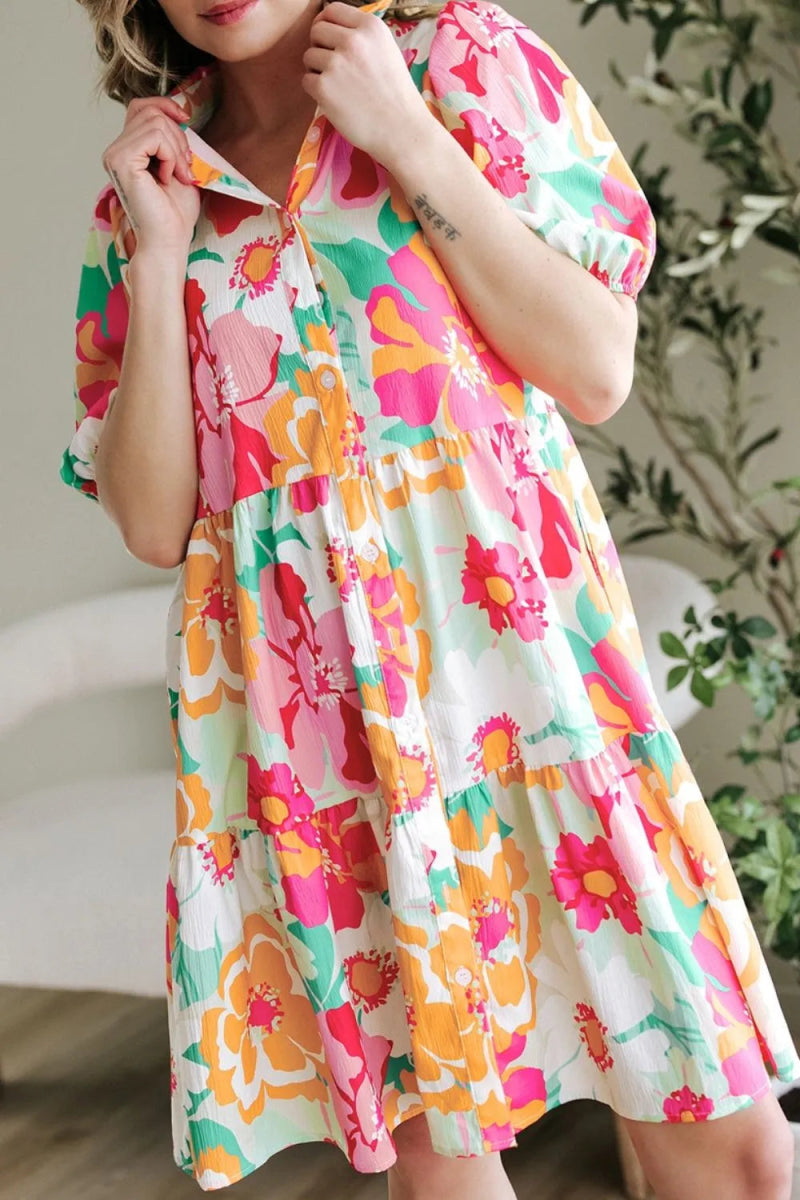Button Down Floral Puff Sleeve Babydoll Dress - Easy Pickins Store