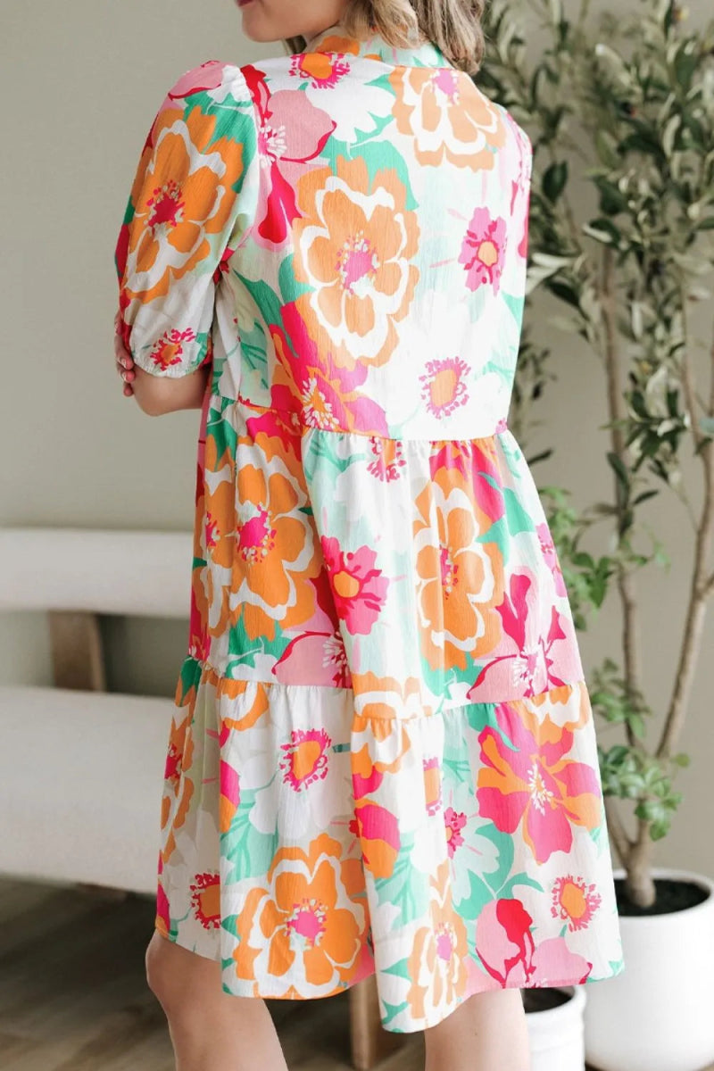 Button Down Floral Puff Sleeve Babydoll Dress - Easy Pickins Store