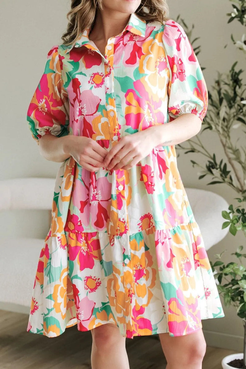 Button Down Floral Puff Sleeve Babydoll Dress - Easy Pickins Store