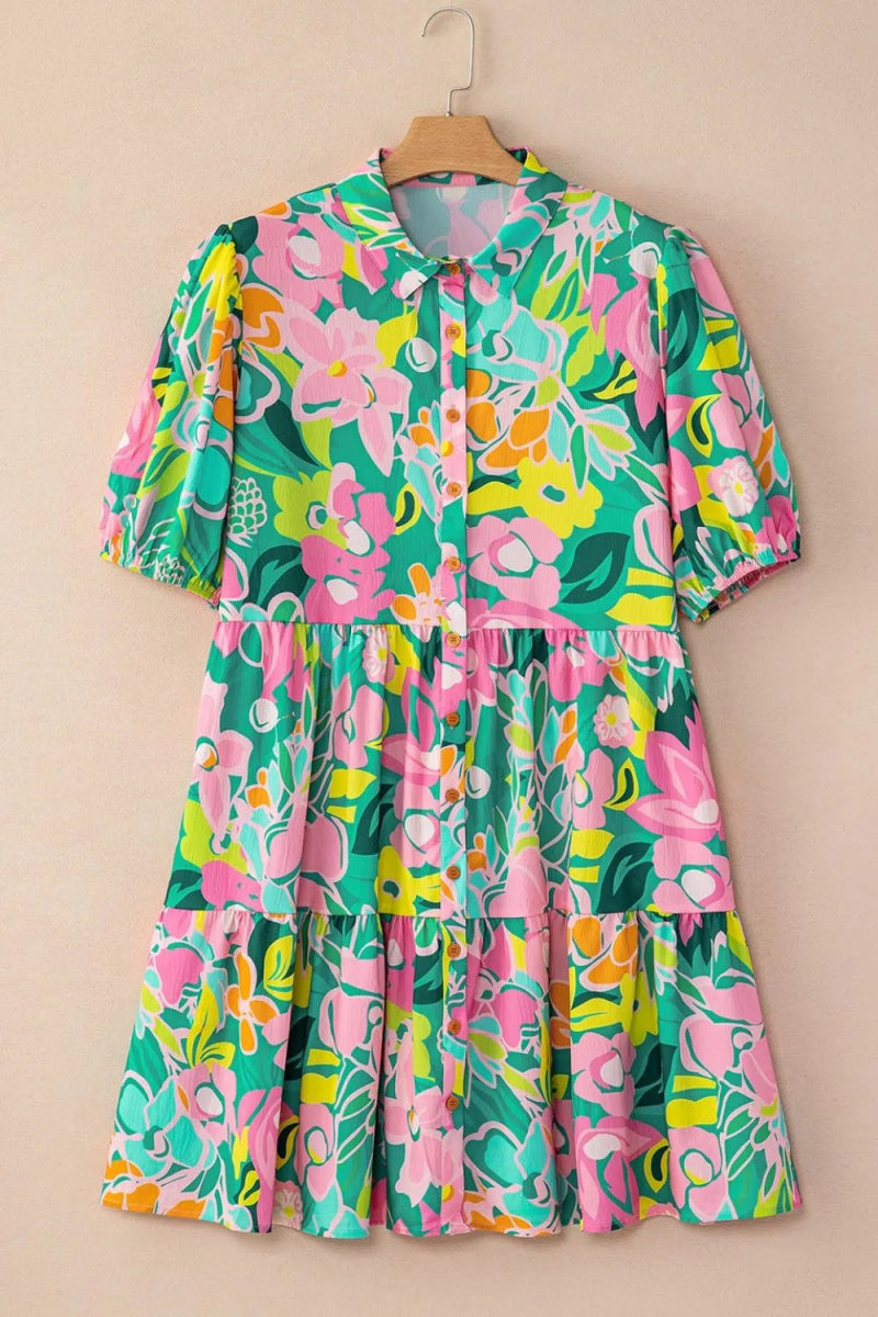 Button Down Floral Puff Sleeve Babydoll Dress - Easy Pickins Store