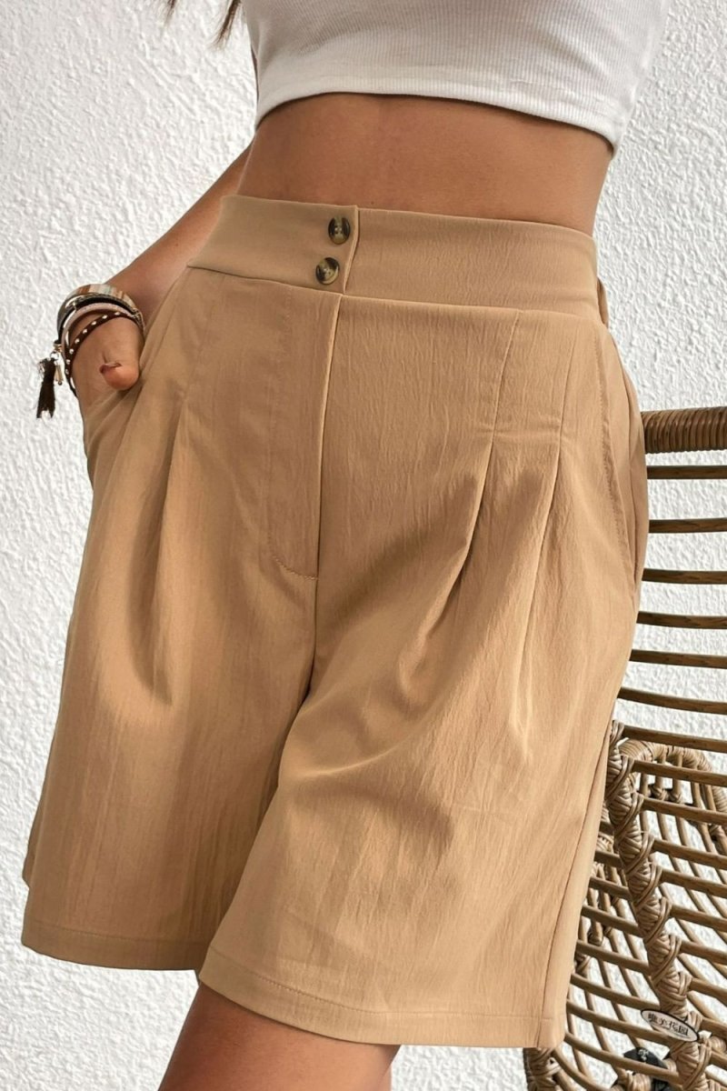 Buttoned Elastic Waist Pleated Detail Shorts - Easy Pickins Store