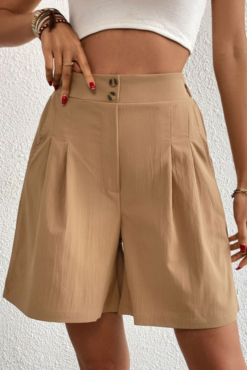 Buttoned Elastic Waist Pleated Detail Shorts - Easy Pickins Store