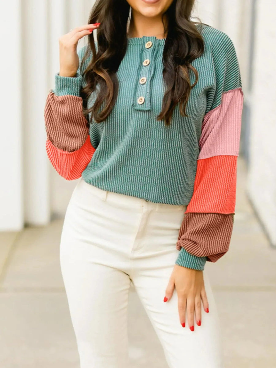 Color Block Ribbed Knit Henley Sweatshirt - Easy Pickins Store
