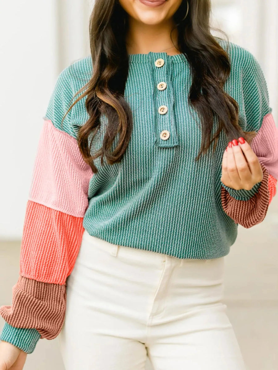 Color Block Ribbed Knit Henley Sweatshirt - Easy Pickins Store