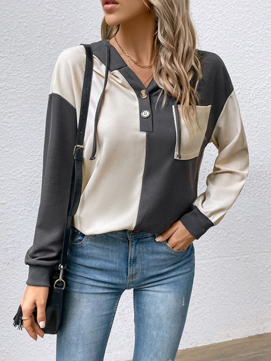 Contrast Color Button - Up Raglan Sleeve Hoodie - Easy Pickins Store
