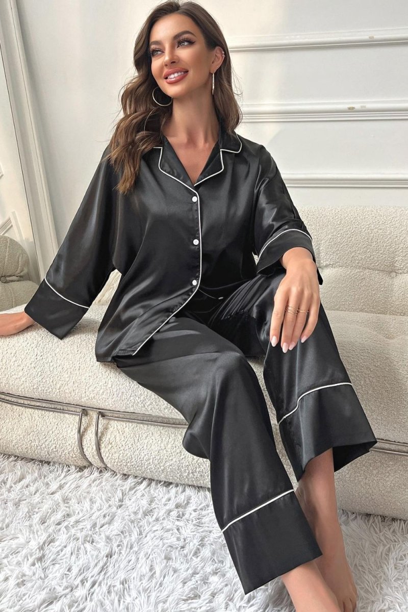 Contrast Piping Button - Up Top and Pants Pajama Set - Easy Pickins Store