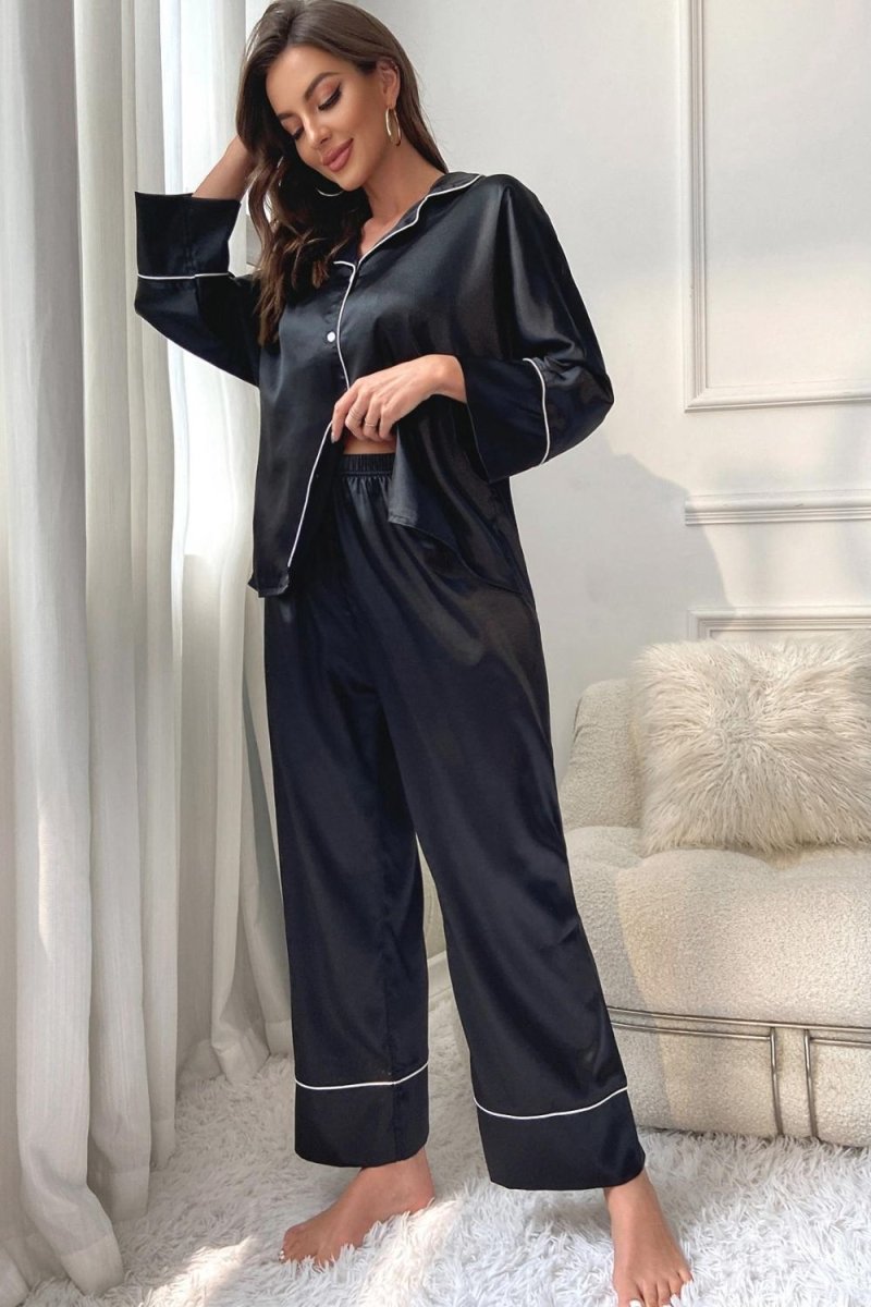 Contrast Piping Button - Up Top and Pants Pajama Set - Easy Pickins Store
