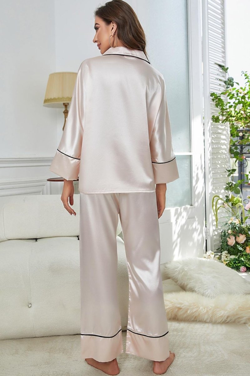Contrast Piping Button - Up Top and Pants Pajama Set - Easy Pickins Store