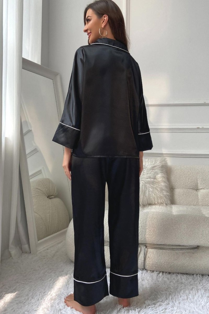 Contrast Piping Button - Up Top and Pants Pajama Set - Easy Pickins Store