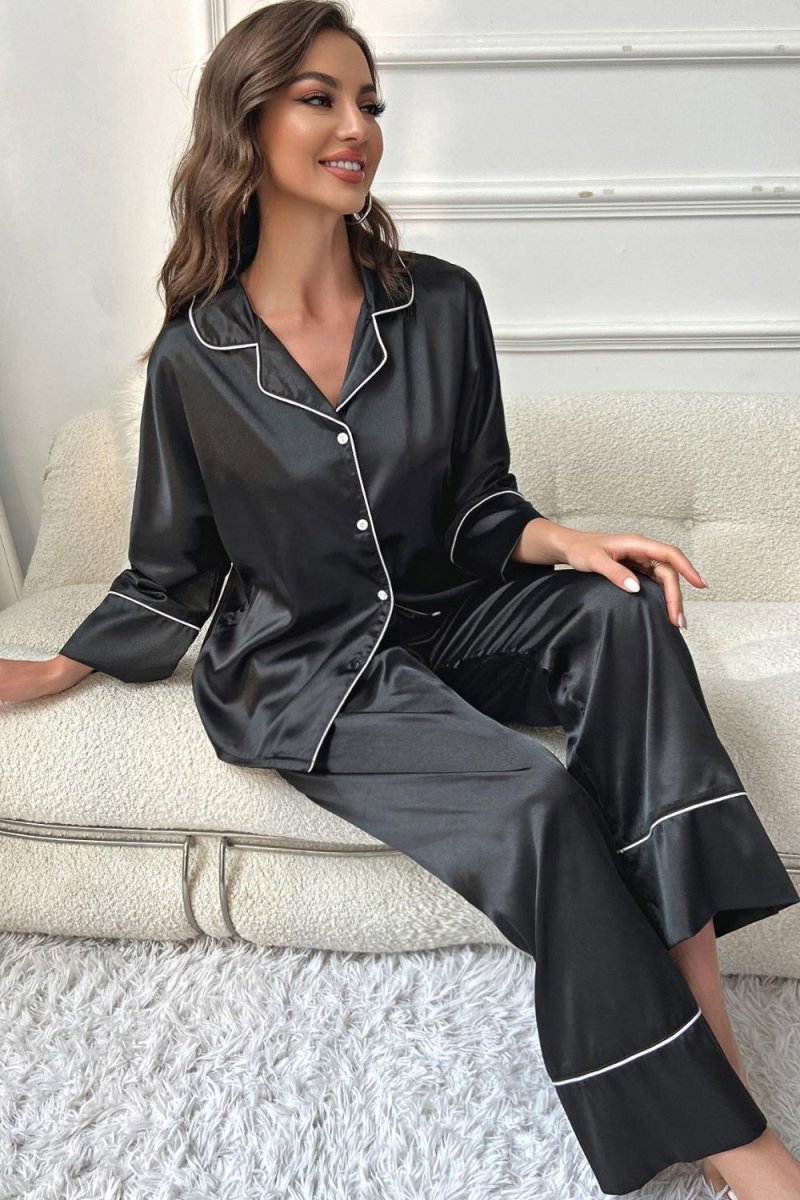 Contrast Piping Button - Up Top and Pants Pajama Set - Easy Pickins Store
