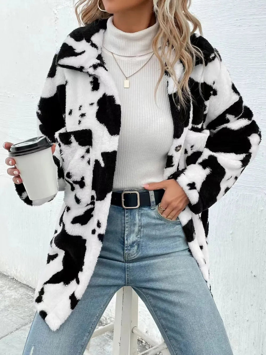 Cow Print Collared Neck Button Up Fuzzy Jacket - Easy Pickins Store