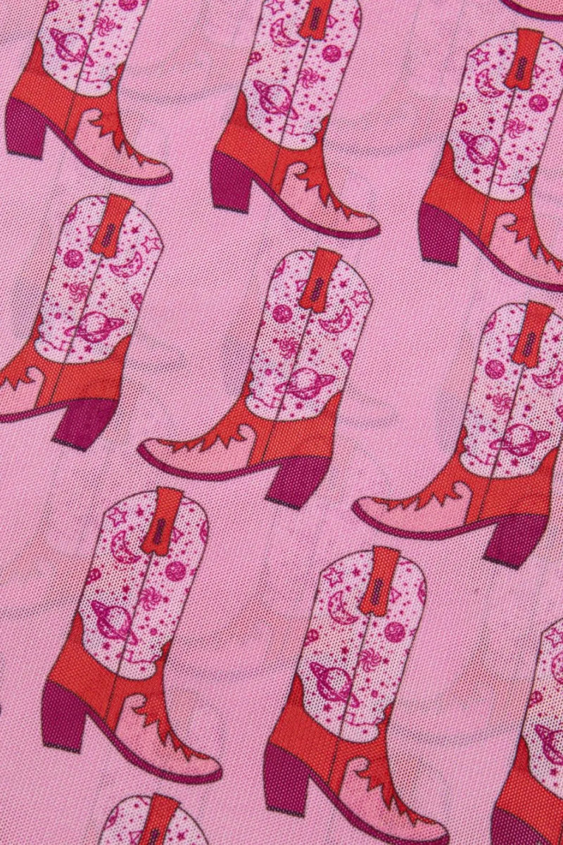 Cowgirl Boots Printed Mock Neck Long Sleeve Mesh Top - Easy Pickins Store