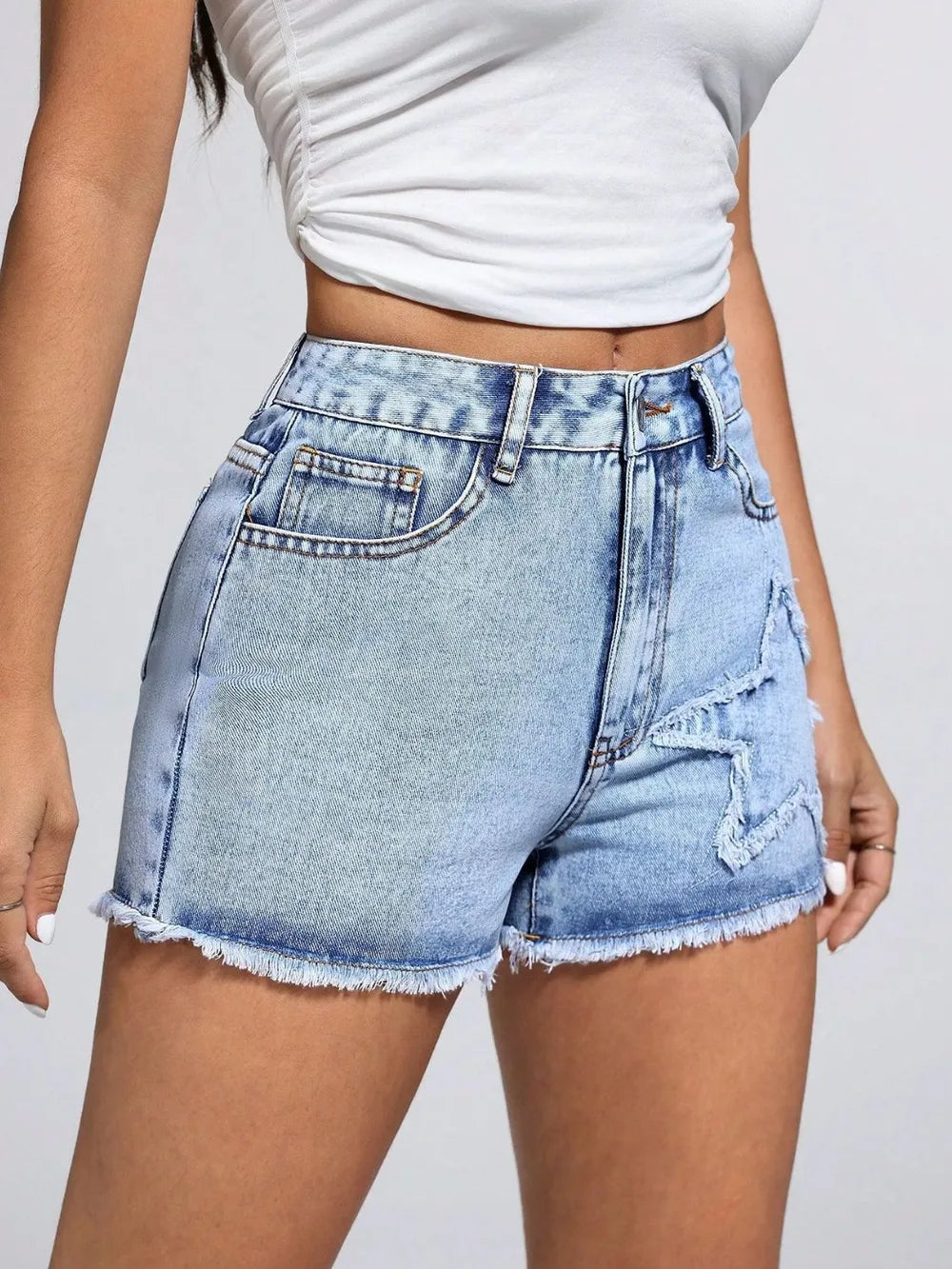 Star Raw Hem Buttoned Denim Shorts - Easy Pickins