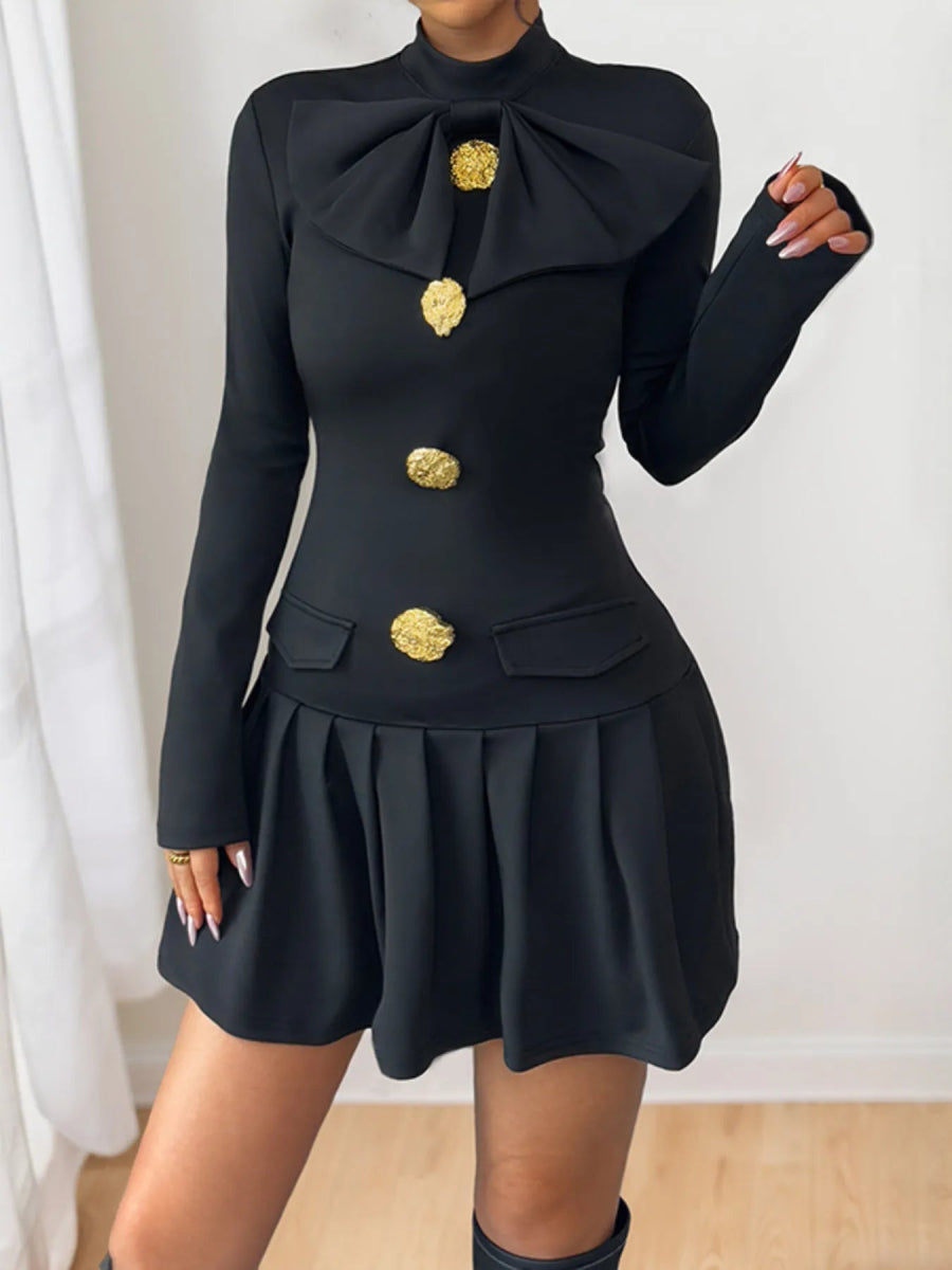 Decorative Button Mock Neck Long Sleeve Mini Dress - Easy Pickins Store