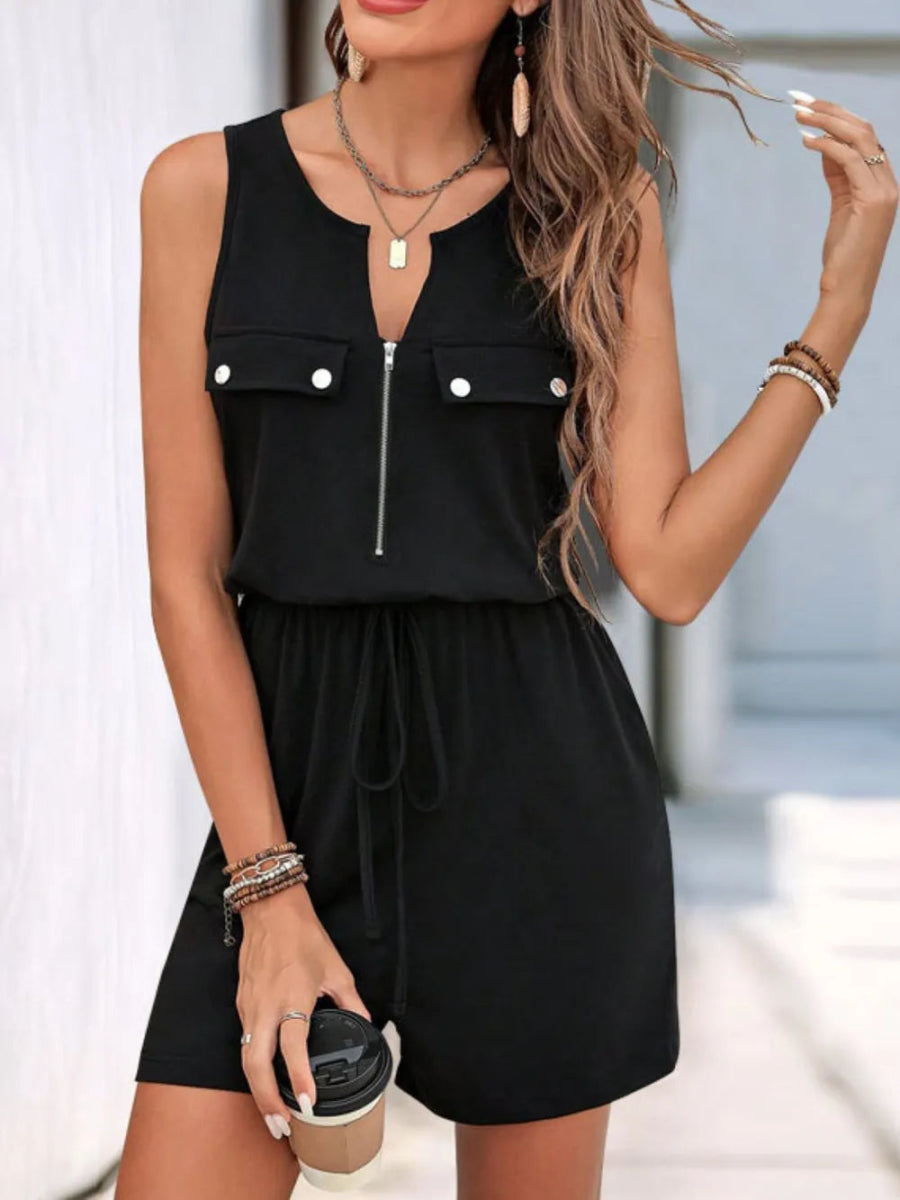 Drawstring Half Zip Sleeveless Romper - Easy Pickins Store