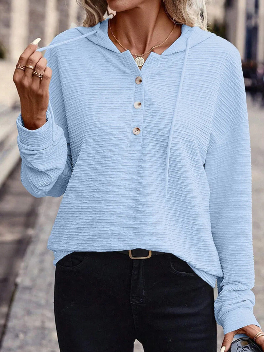 Drawstring Quarter Button Long Sleeve Hoodie - Easy Pickins Store