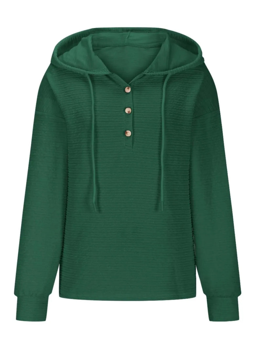 Drawstring Quarter Button Long Sleeve Hoodie - Easy Pickins Store