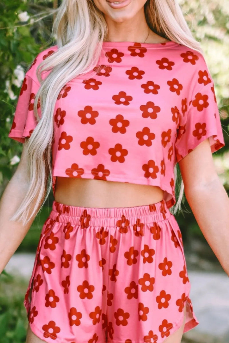 Floral Cropped Tee and Shorts Lounge Set - Easy Pickins Store